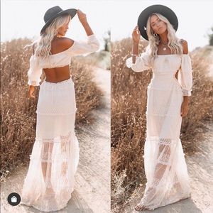 Boho cream back cut out off shoulder dress